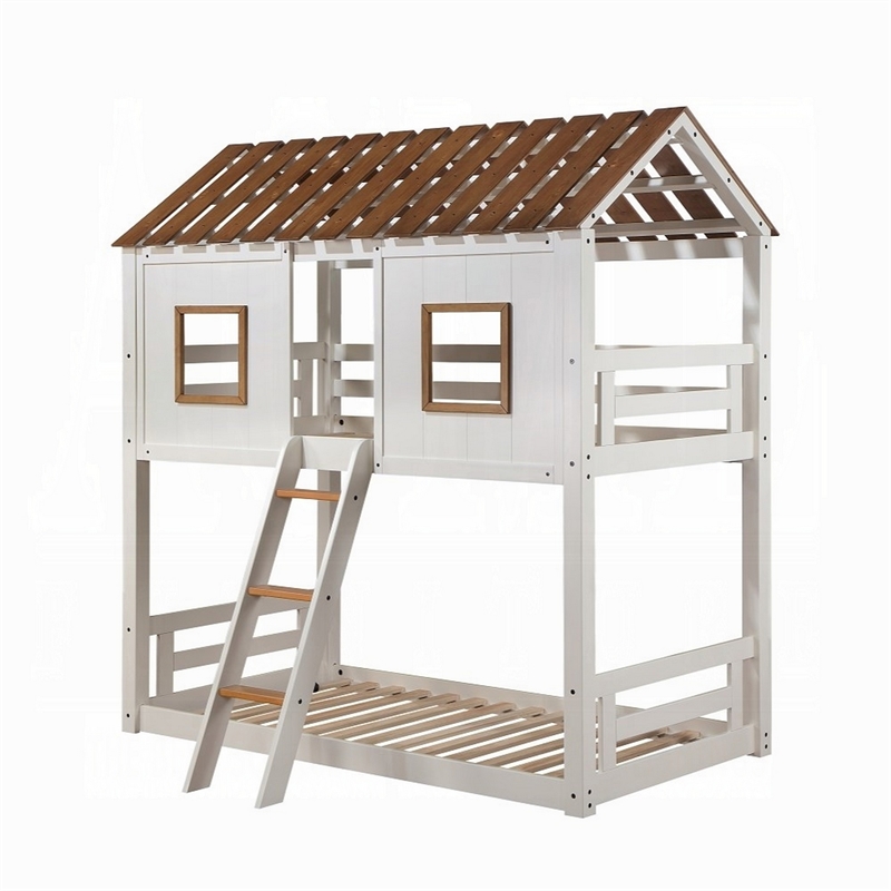 Nara Twin Size Bunk Bed- House Design with Ladder- White Rustic Wood