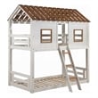 Nara Twin Size Bunk Bed- House Design with Ladder- White Rustic Wood