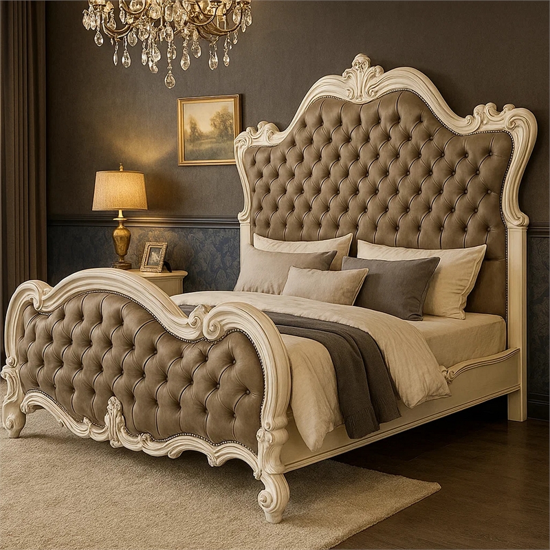 Sicily California King Bed- Classic Carved- Tufted Gray Faux Leather