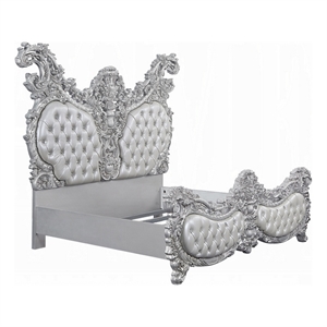 Vera King Size Bed- Ornate Carving- Platinum Faux Leather Upholstery