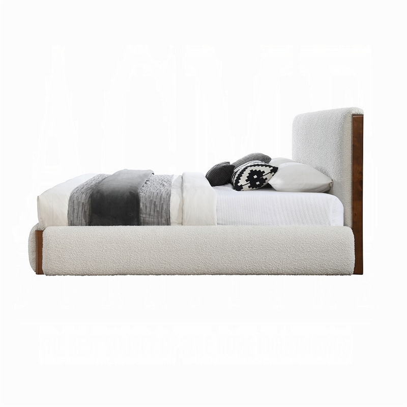 Fedro Queen Bed- Low Profile- White Boucle Upholstery- Walnut Brown