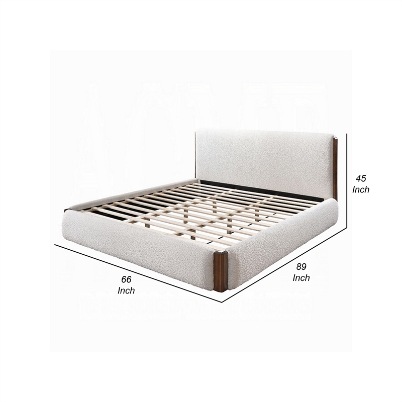 Fedro Queen Bed- Low Profile- White Boucle Upholstery- Walnut Brown