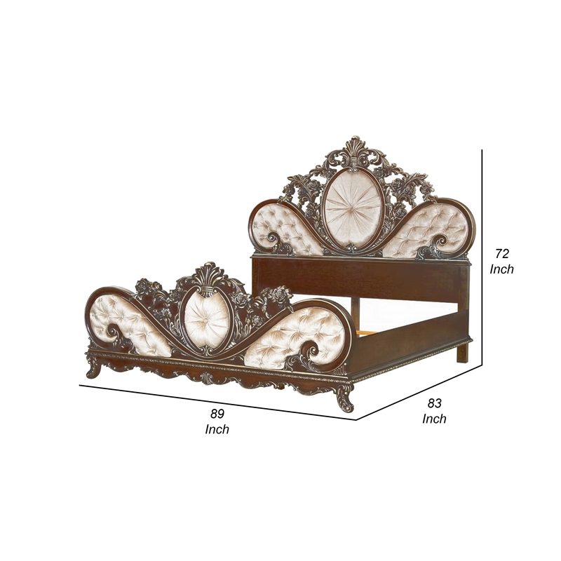 Vany King Bed- Scrolled Carved Headboard- Ivory Upholstery- Cherry