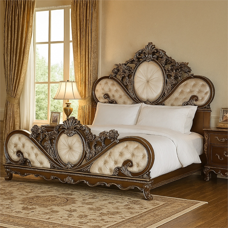 Vany King Bed- Scrolled Carved Headboard- Ivory Upholstery- Cherry