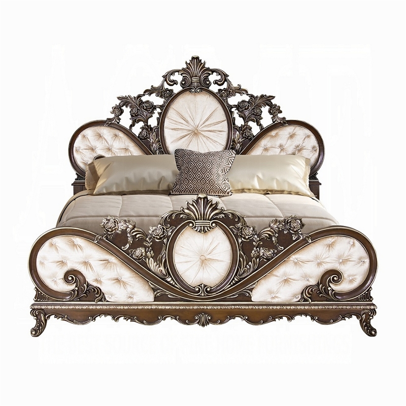 Vany Queen Bed- Scrolled Carved Headboard- Ivory Upholstery- Cherry