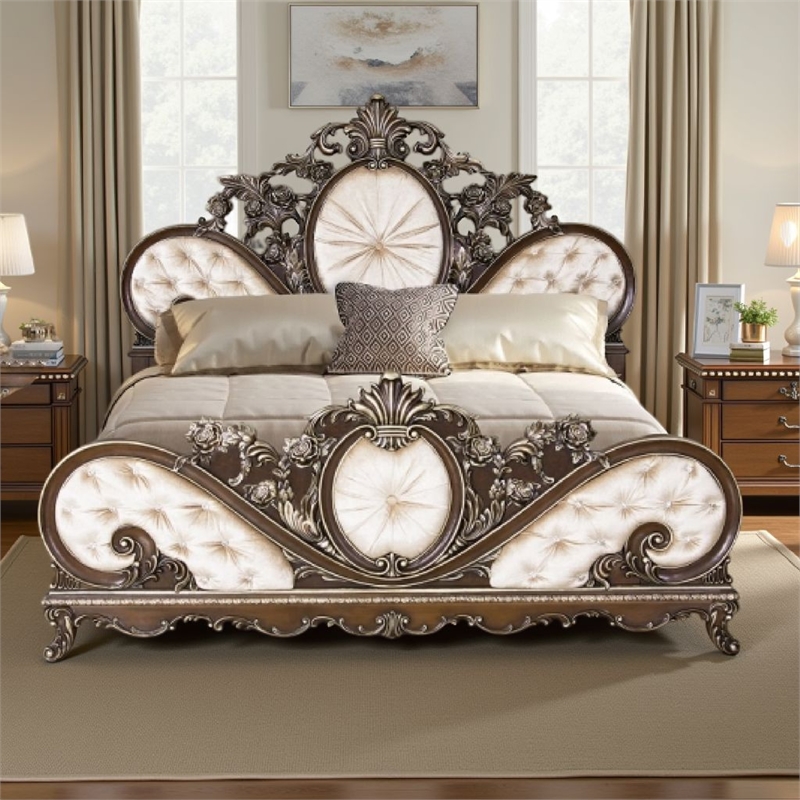 Vany Queen Bed- Scrolled Carved Headboard- Ivory Upholstery- Cherry