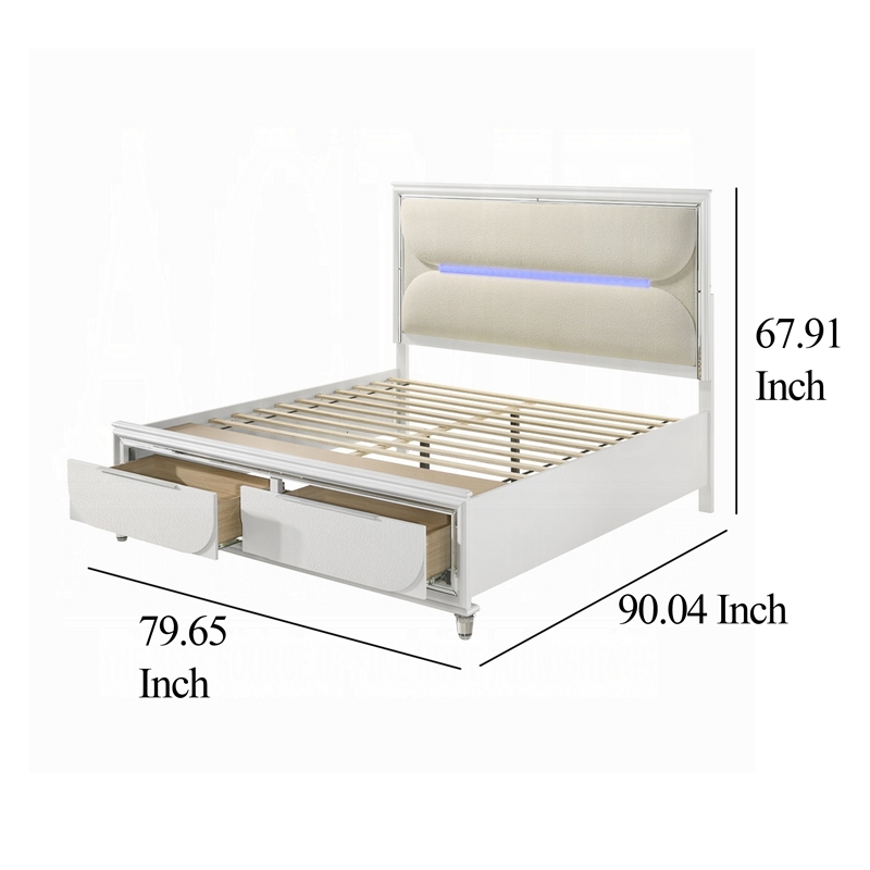 Rara King Size Bed- 2 Storage Drawers- LED- White Boucle Upholstery