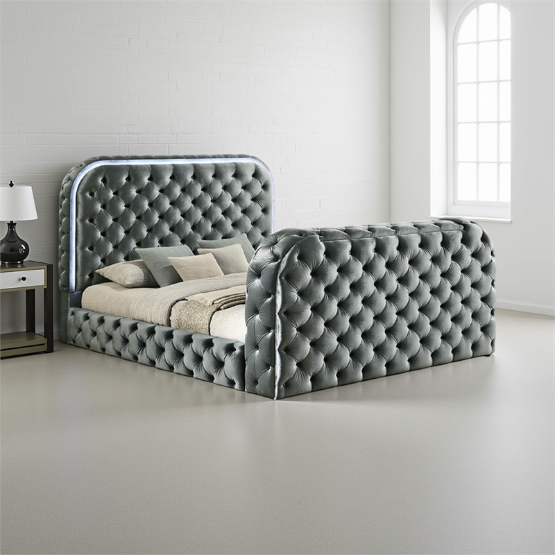 Kerie Queen Bed with LED Fireplace- Hidden Lift TV Stand- Gray Velvet