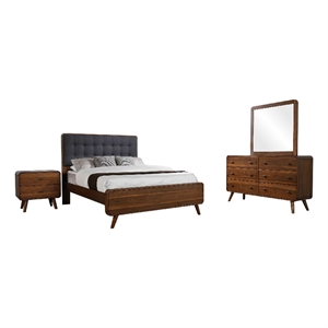 Ryb 4pc Bedroom Set with King Bed- Walnut Brown- Dark Gray Upholstery