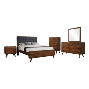 Ryb 5pc Bedroom Set with King Bed- Walnut Brown- Dark Gray Upholstery