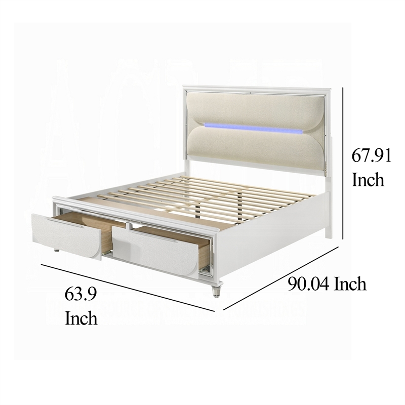 Rara Queen Size Bed- 2 Storage Drawers- LED- White Boucle Upholstery