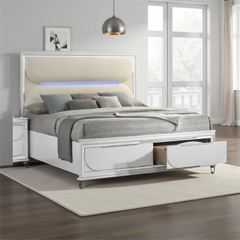 Rara Queen Size Bed- 2 Storage Drawers- LED- White Boucle Upholstery