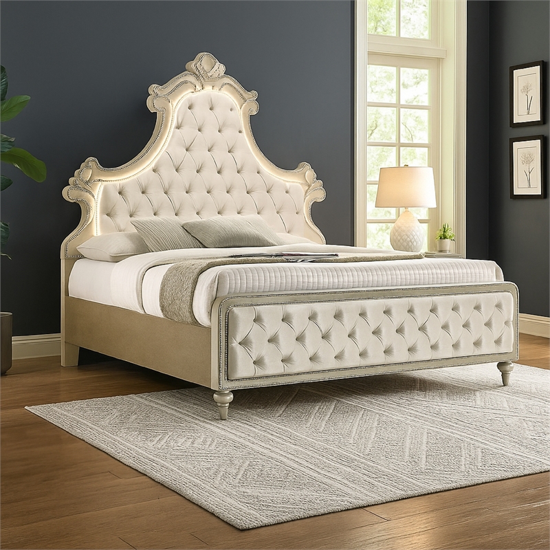 Willa Queen Size Bed- LED Lights- Beige Velvet Upholstery- Brown Wood