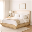 Lno Queen Platform Bed- Beige Upholstered Headboard- Oak Brown Cane