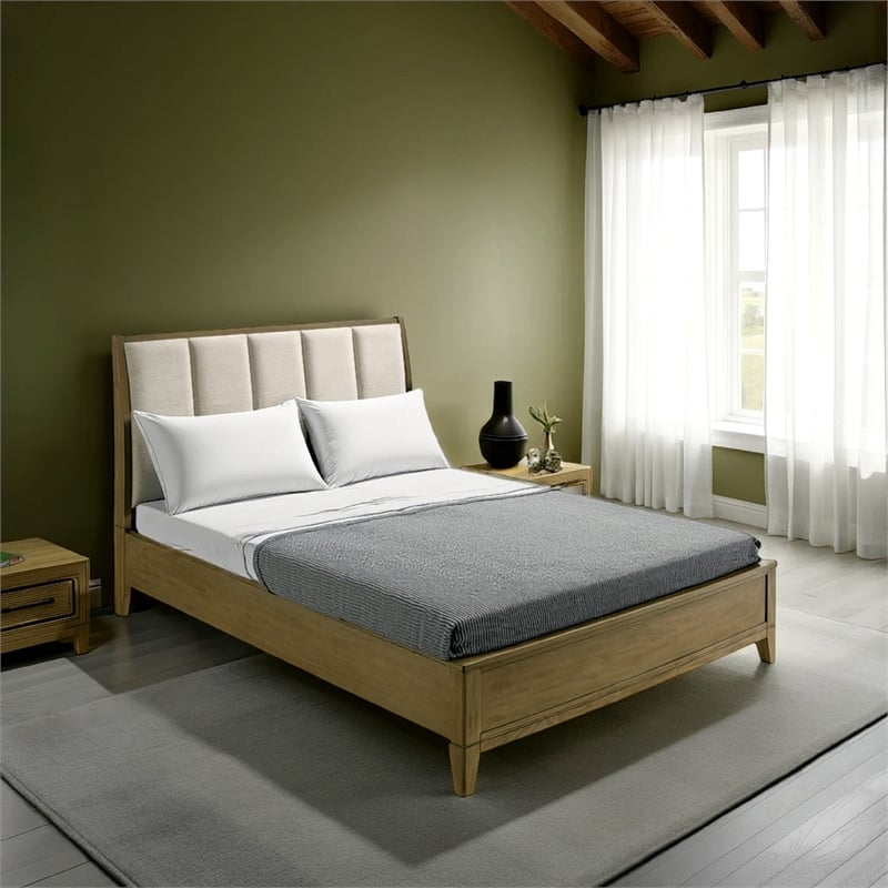 Heon Queen Bed- Block Panel Headboard- Ivory Upholstery- Pine Wood