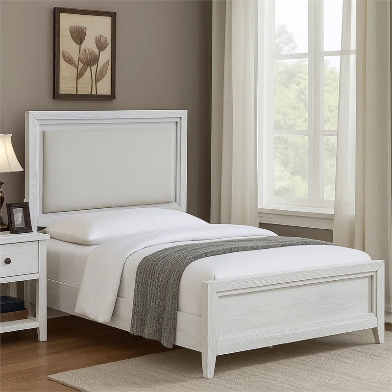 Leva Queen Bed- Upholstered LED Headboard- Modern White Acacia Wood
