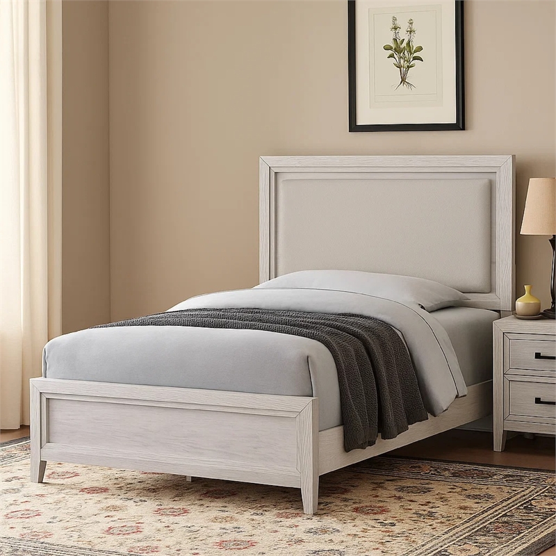 Leva Queen Bed- Upholstered LED Headboard- Modern White Acacia Wood