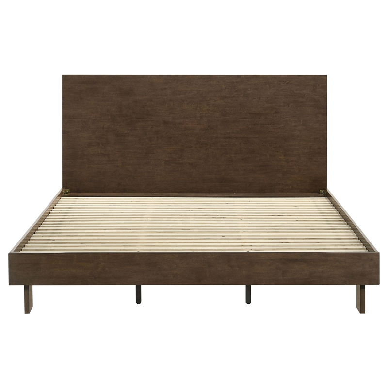 Genu King Size Platform Bed- Panel Headboard- Warm Walnut Brown Wood
