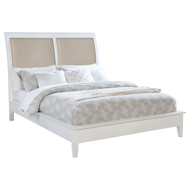 Heo Queen Size Bed- Sleigh Beige Upholstered Headboard- White Wood