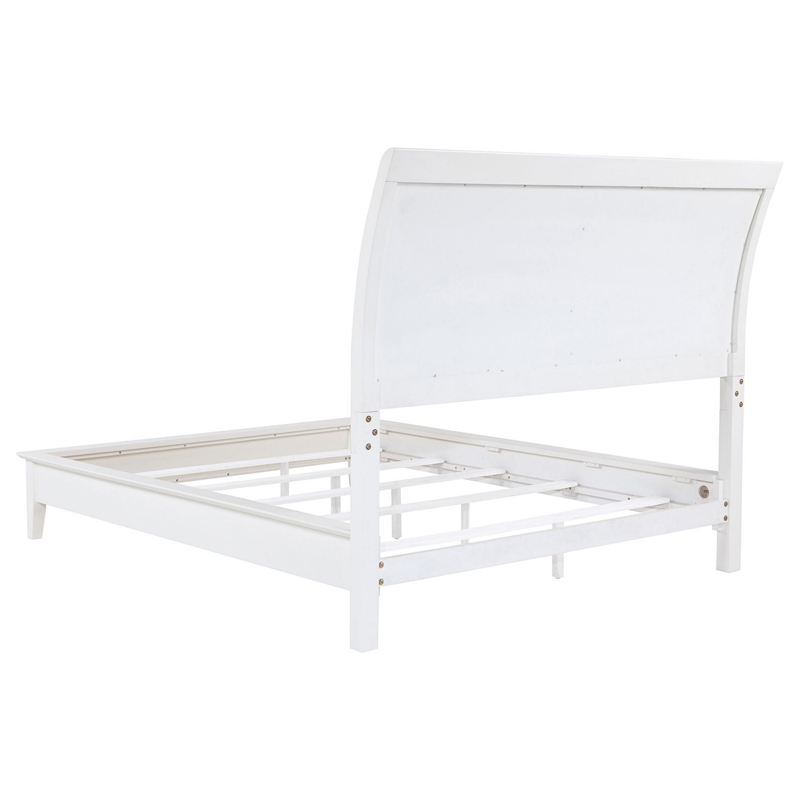 Heo Queen Size Bed- Sleigh Beige Upholstered Headboard- White Wood