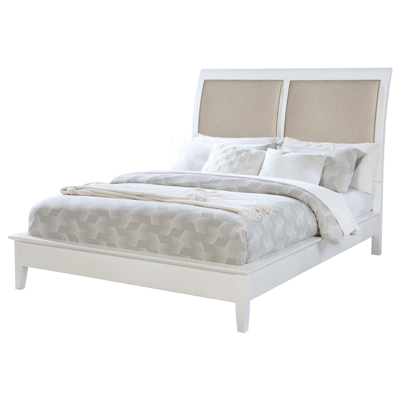 Heo Queen Size Bed- Sleigh Beige Upholstered Headboard- White Wood