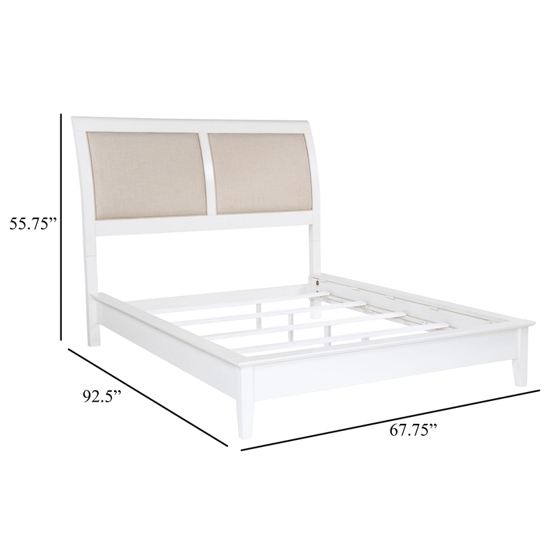 Heo Queen Size Bed- Sleigh Beige Upholstered Headboard- White Wood