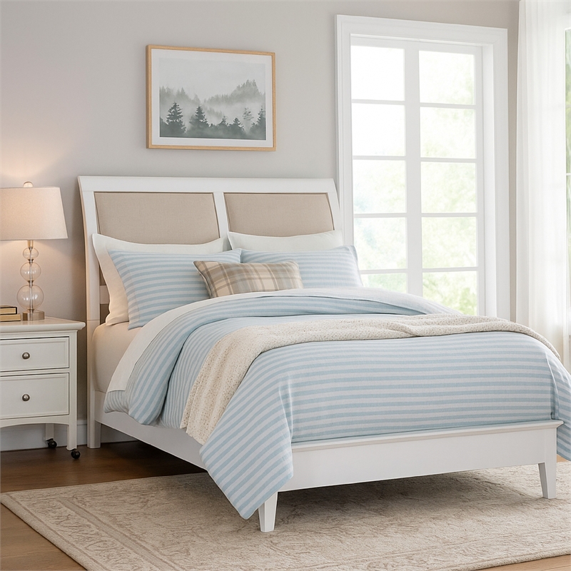 Heo Queen Size Bed- Sleigh Beige Upholstered Headboard- White Wood