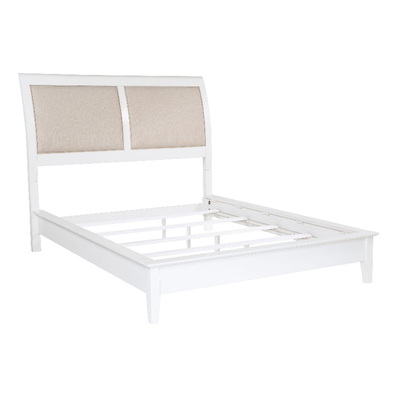 Heo Queen Size Bed- Sleigh Beige Upholstered Headboard- White Wood