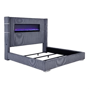Caro King Bed- Wingback Panel w LED Flame- Gray Corduroy Upholstery