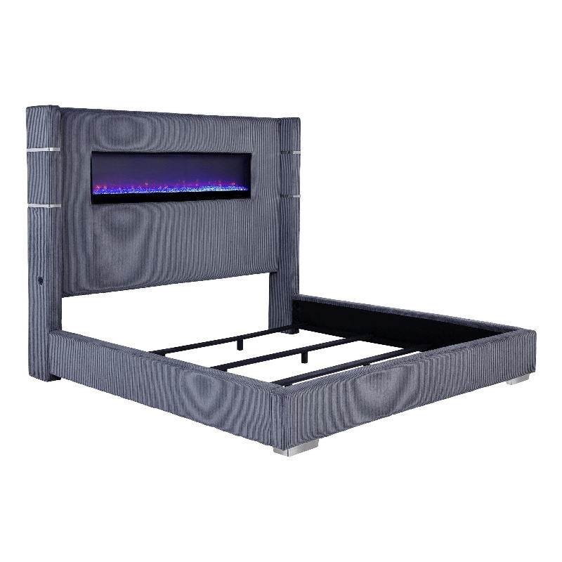 Caro King Bed- Wingback Panel w LED Flame- Gray Corduroy Upholstery