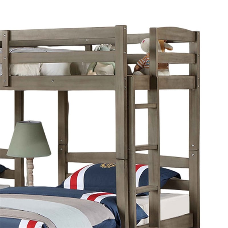Tenn Triple Twin Bunk Bed- Built In Nightstand and USB Port- Gray Wood