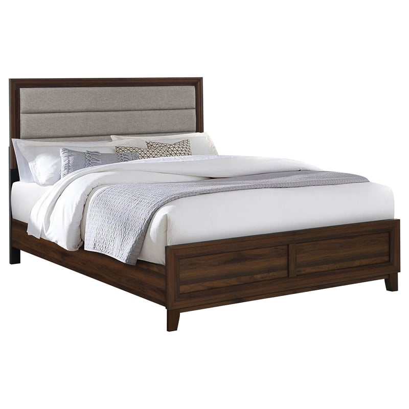 Yels King Size Bed- Gray Channel Tufted Upholstery- Walnut Brown Wood