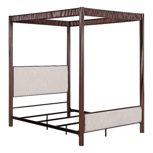 Zemy Queen Canopy Bed with 4 Posts- Beige Upholstery- Brown Metal