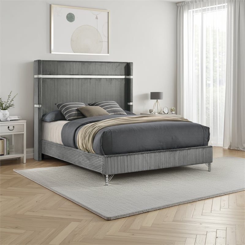 Jenny King Size Bed- Wingback Fluted Upholstered Headboard- Gray