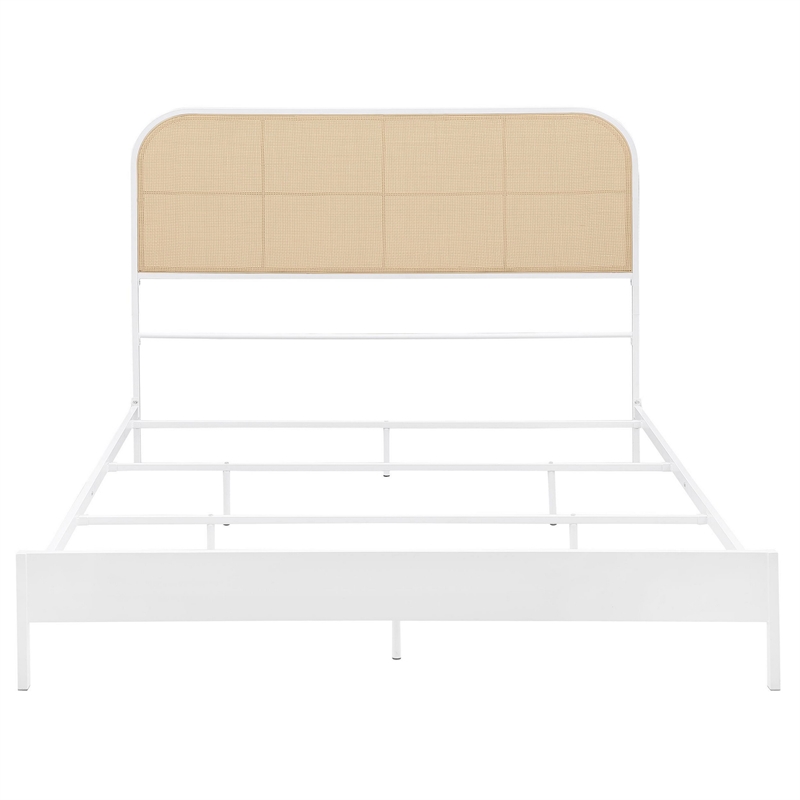 Ammy Queen Bed- Radio Weave Headboard- Brown Faux Rattan- White Metal