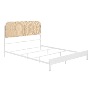 Ammy Queen Bed- Radio Weave Headboard- Brown Faux Rattan- White Metal