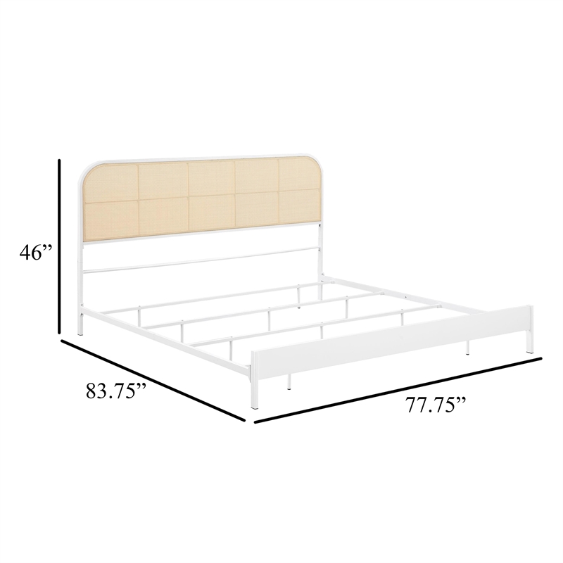 Ammy King Bed- Radio Weave Headboard- Brown Faux Rattan- White Metal