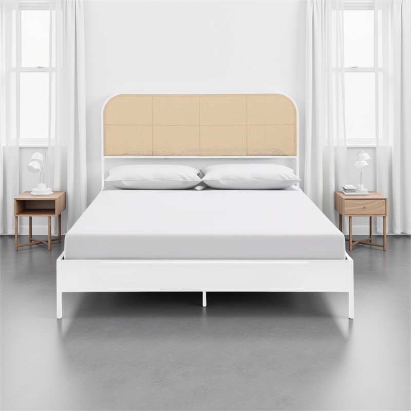 Ammy King Bed- Radio Weave Headboard- Brown Faux Rattan- White Metal