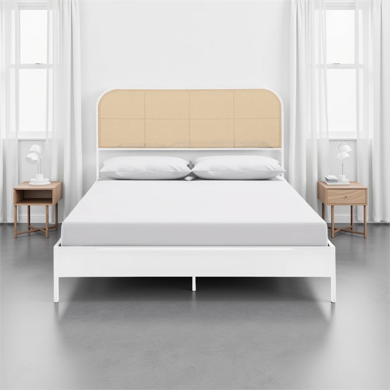 Ammy King Bed- Radio Weave Headboard- Brown Faux Rattan- White Metal