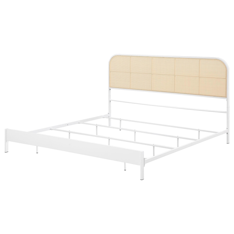 Ammy King Bed- Radio Weave Headboard- Brown Faux Rattan- White Metal