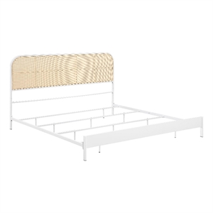 Ammy King Bed- Radio Weave Headboard- Brown Faux Rattan- White Metal