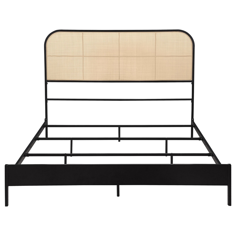 Ammy Queen Bed- Radio Weave Headboard- Brown Faux Rattan- Black Metal