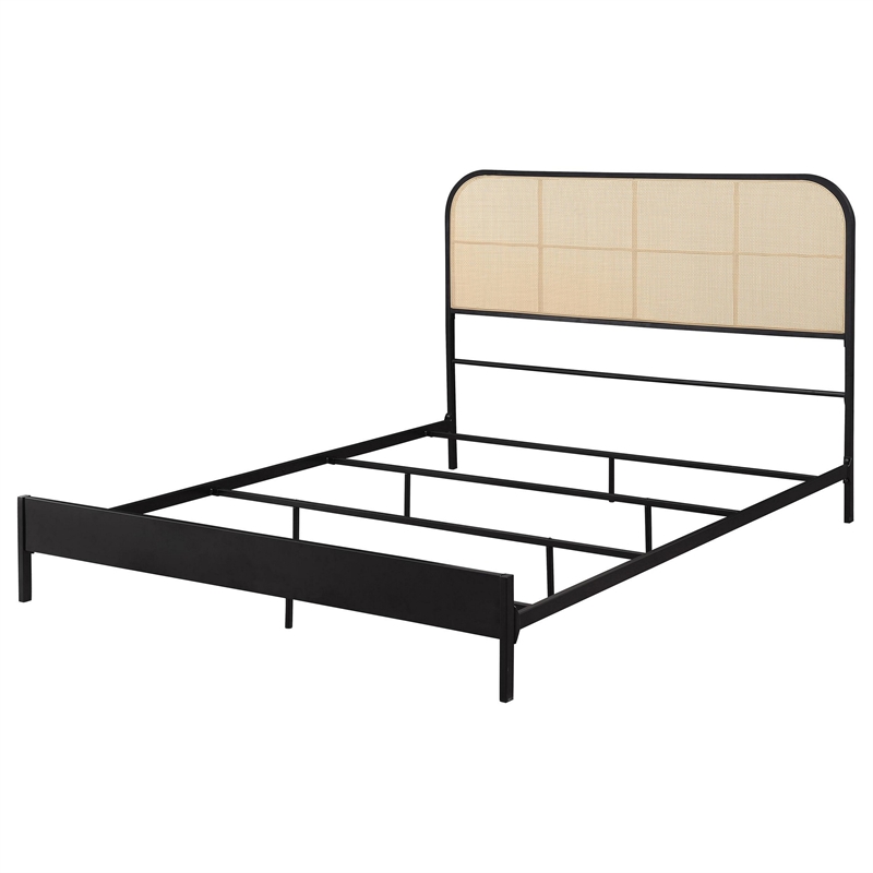 Ammy Queen Bed- Radio Weave Headboard- Brown Faux Rattan- Black Metal