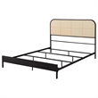 Ammy Queen Bed- Radio Weave Headboard- Brown Faux Rattan- Black Metal