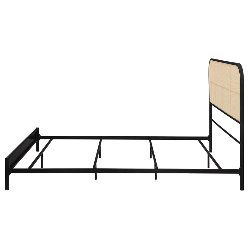Ammy Queen Bed- Radio Weave Headboard- Brown Faux Rattan- Black Metal