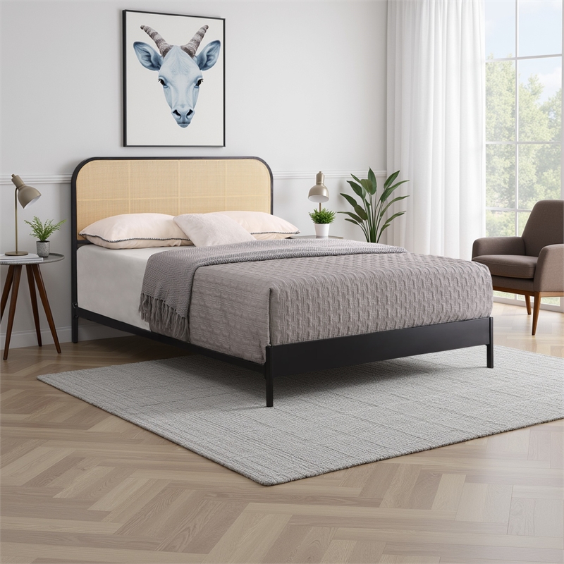 Ammy Queen Bed- Radio Weave Headboard- Brown Faux Rattan- Black Metal