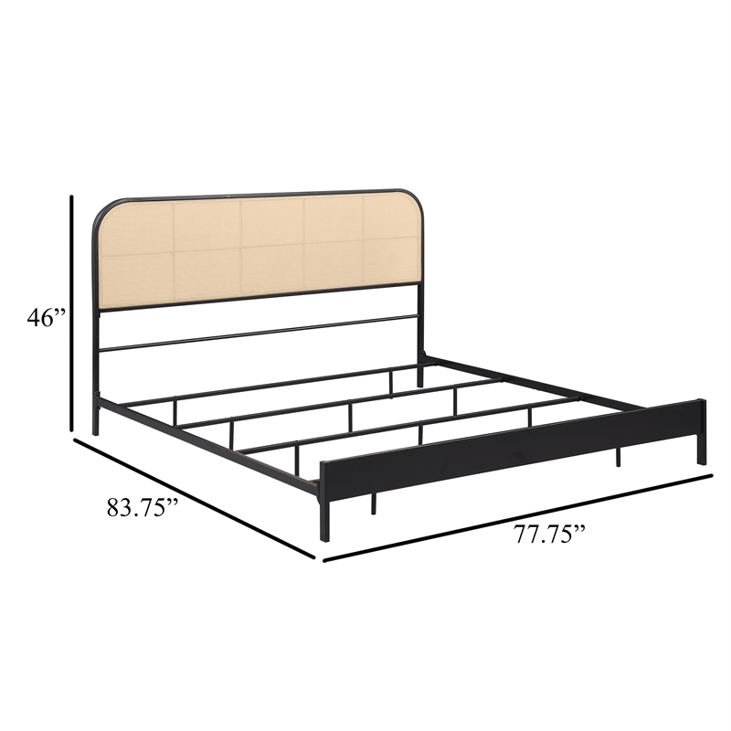 Ammy King Bed- Radio Weave Headboard- Brown Faux Rattan- Black Metal