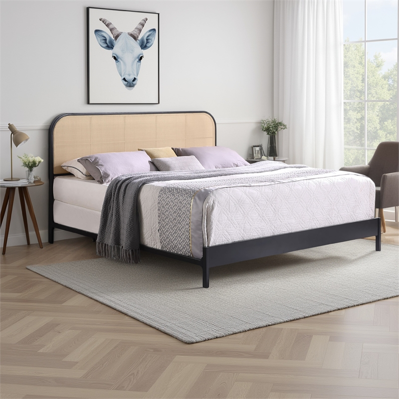 Ammy King Bed- Radio Weave Headboard- Brown Faux Rattan- Black Metal
