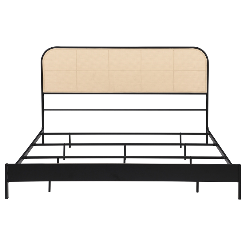 Ammy King Bed- Radio Weave Headboard- Brown Faux Rattan- Black Metal