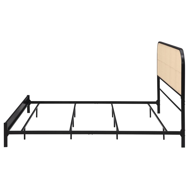Ammy King Bed- Radio Weave Headboard- Brown Faux Rattan- Black Metal